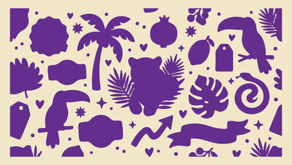 Obraz premium Tropical rainforest habitat, exotic animal silhouette, wild nature pattern, palm leaf elements, botanical jungle design, vibrant forest motifs, wildlife habitat art, dark purple texture jungle, tropic