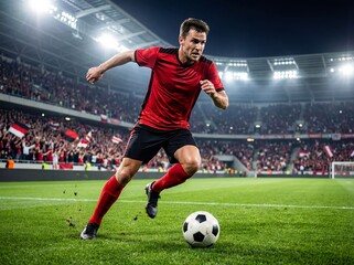 Naklejka premium Soccer player in red jersey runs aggressively across the pitch