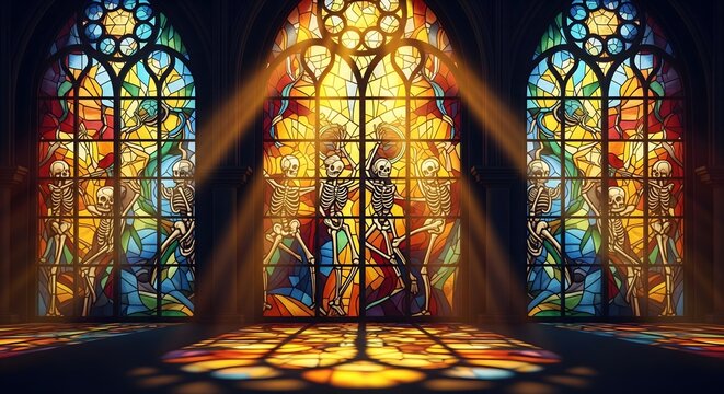 Dancing skeletons in stained glass windows with bright light rays inside church