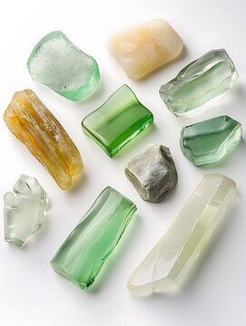 Collection of assorted translucent stones and crystals in green white and yellow shades on white