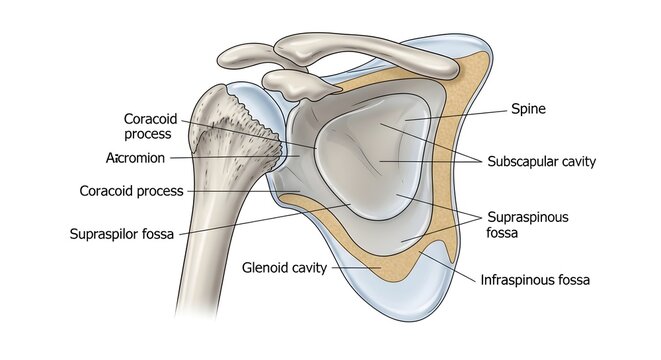 Lateral view of scapula and proximal humerus showing acromion, coracoid process, scapular spine, glenoid cavity, subscapular, supraspinous and infraspinous fossae, illustrating key shoulder joint surf