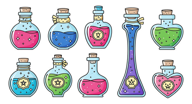 Colorful cartoon potion bottles with magical symbols