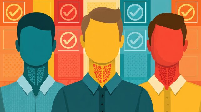 Three faceless male figures with checkmarks behind them, symbolizing approval or verification in a colorful, abstract style.