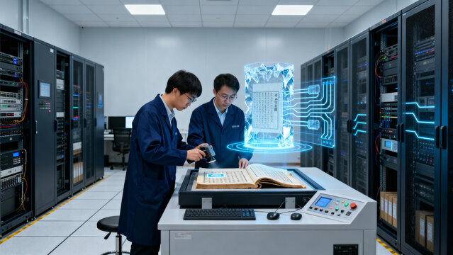 Data Preservation in Server Room: Two technicians in a modern server room meticulously scan an old book, with a futuristic holographic display projecting digital data and circuit board imagery.