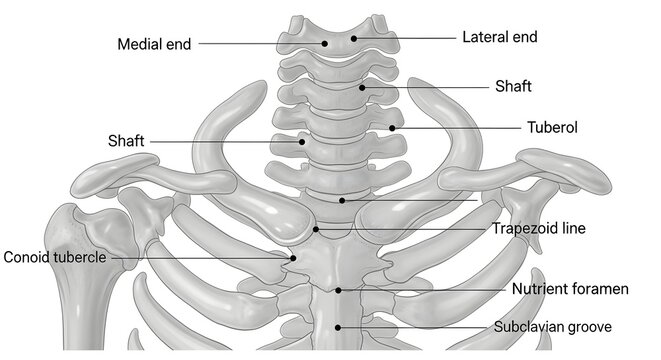 Anterior skeletal illustration of clavicles and upper ribs showing labeled clavicular landmarks including shaft, medial and lateral ends, conoid tubercle, trapezoid line, nutrient foramen and subclavi
