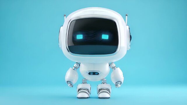 Cute white robot on light blue background