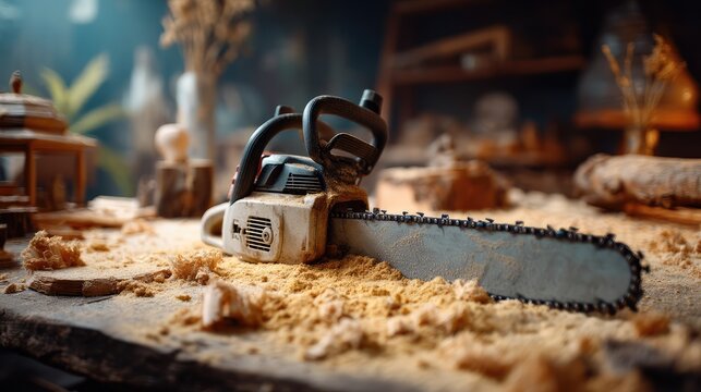 Close-Up View of a Chainsaw on a Workbench Surrounded by Sawdust in a Rustic Workshop Environment, Highlighting the Intricacies of Craftsmanship and Tools Used in Woodworking