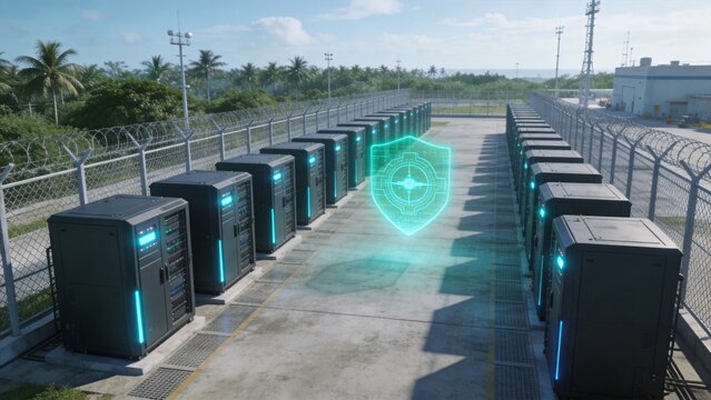 Data Security Servers: Rows of sleek, modern servers stand guard under a clear sky, a glowing shield emblem signifying robust data protection in this high-tech facility.