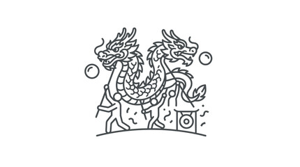 Obraz premium Stylized Chinese dragon with gong line art illustration.