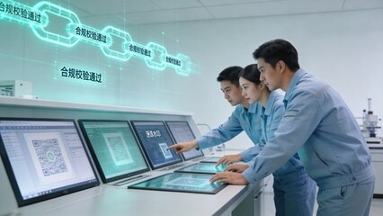 Fototapeta premium Blockchain Technology in Action: Three professionals in a modern facility examine intricate blockchain data displayed on multiple screens.