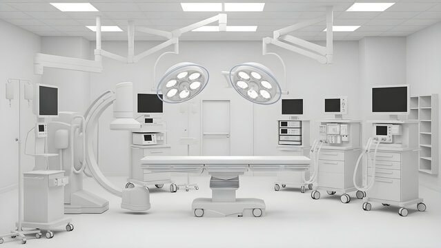 A medical team prepares for surgery in a modern operating hospital room with equipment.