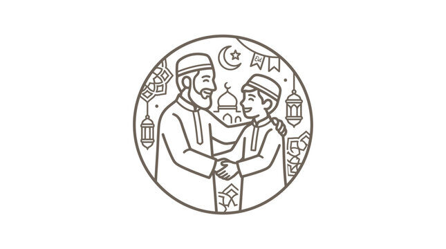 Islamic father and son with mosque and crescent moon.