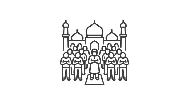 Large crowd of people gathering in front of mosque.