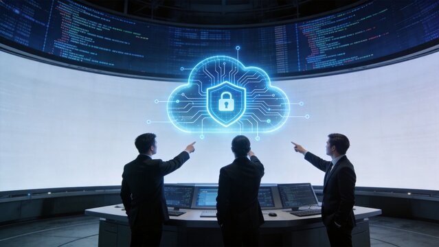 Cloud Security Center: Three men in suits stand in a futuristic control room, pointing at a glowing digital cloud icon with a shield and lock, symbolizing data security and cloud computing.