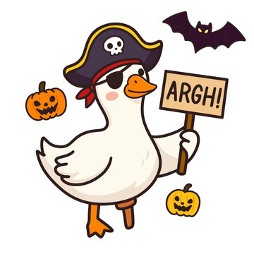 Cute Halloween Goose Pirate Costume Wearing Eye Patch Holding Argh Sign PNG
