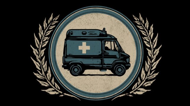 Vintage-style illustration of an ambulance inside a circular frame with laurel wreaths on each side, symbolizing medical aid and emergency services.