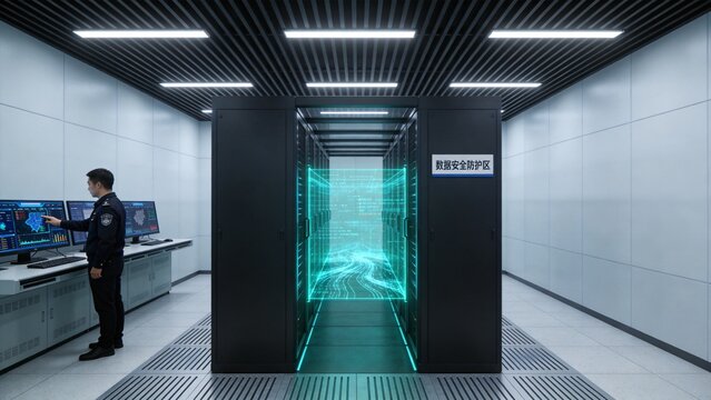 Supercomputer Room: A technician operates complex equipment in a modern, high-tech supercomputing center, with glowing blue energy pathways emanating from server racks.