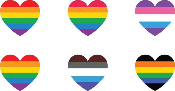 LGBTQ+ Pride Heart Flag Collection Featuring Rainbow Pride Hearts Transgender Bear and Inclusive Identity Symbols Vector Illustration
