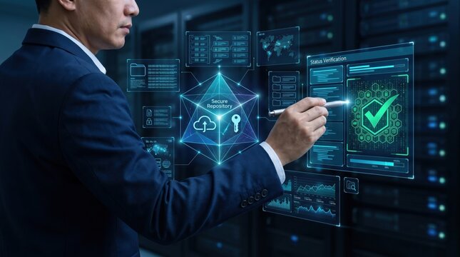 Businessman verifying secure repository on holographic screen in server room, status verification checkmark, cloud storage icon, key symbol, cybersecurity dashboard