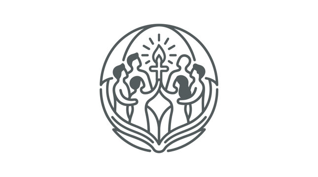Group holding sacred light vessel in circular line art.