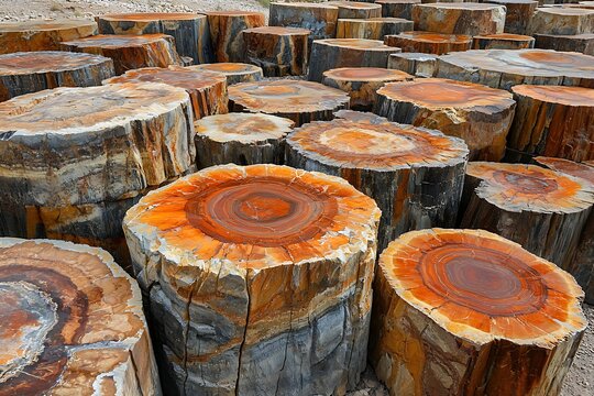 Close-up view of colorful petrified wood logs with detailed texture and natural crystal patterns