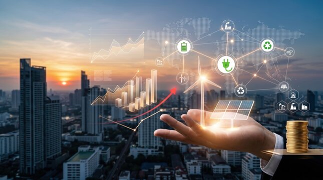 Hand holding renewable energy icons, solar panels, wind turbine, and financial growth charts over modern city skyline at sunset. Concept of sustainable investment, green economy
