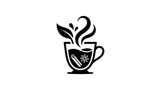Elegant steaming coffee cup with snowflake and leaf design.