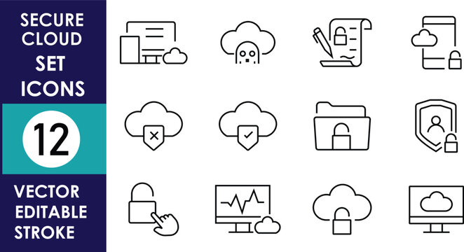 Collection of cloud computing and digital service line icons featuring storage, security, synchronization, monitoring, backup, analytics, networking, and virtual infrastructure.