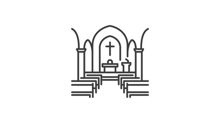 Naklejka premium Church altar and rows of pews interior line art.