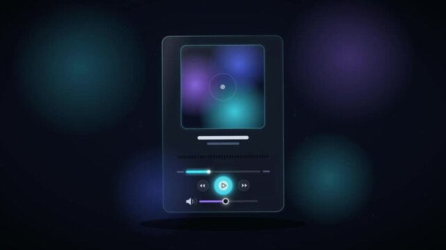 Animated music player interface with album art sound waveform and playback controls on screen
