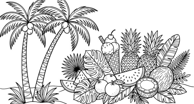 Summer beach scene outline with palm trees ice cream cones and fruit coloring page vector