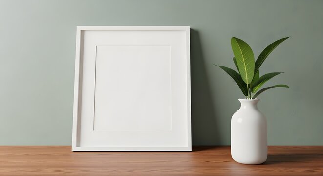 White photo frame mockup with plant on wooden table for interior design