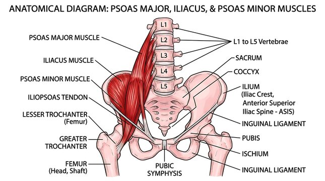Anatomical diagram of psoas major, iliacus, and psoas minor muscles with pelvic bone structure