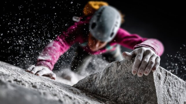 Climber grips rough stone surface with chalk dust scattering dramatically