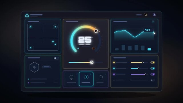 Animated smart home control dashboard interface with temperature gauge charts and device toggles