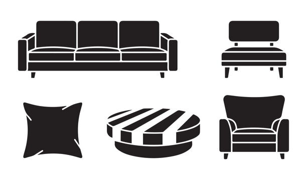Sofa living room furniture icons vector set couch armchair pillow footrest silhouette graphic interior elements