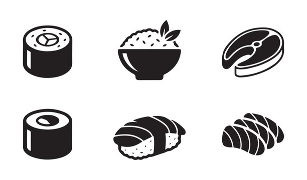 Sushi japanese food icons vector set with maki roll salmon sashimi bowl silhouette graphic elements