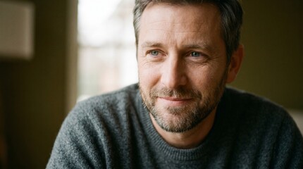 Obraz premium Middle aged man with beard smiling indoors. Close up portrait of a man in a gray sweater smiling