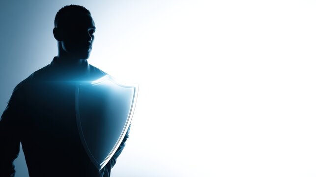 A man in silhouette holding a glowing shield, representing protection and security. The image evokes a sense of strength and safety