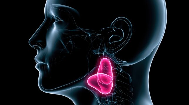 Transparent side view X-ray of a human head highlighting the parotid gland in bright pink.