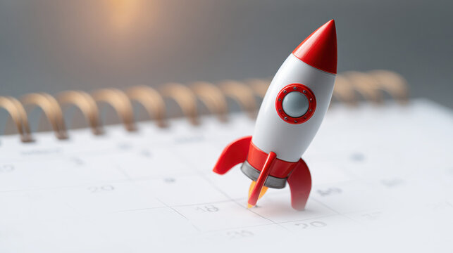 A toy rocket launching from a calendar, symbolizing a new project or start-up