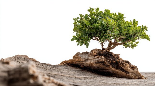 A small, resilient tree growing on a weathered piece of driftwood, symbolizing life's tenacity and the beauty of nature's adaptation.