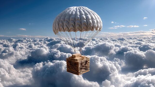 Parachute floating above clouds with cargo crate
