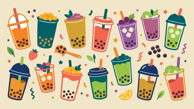Boba tea beverages, colorful bubble drink, refreshing milky tea, tapioca pearl dessert, trendy cafe menu, sweet summer beverage, delicious fruit boba, tasty snack pattern
bubble, tea, boba, drink, bev