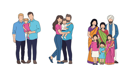 Obraz premium Illustration of three diverse family groups including a gay couple with a child, a young couple, and a traditional Indian family.
