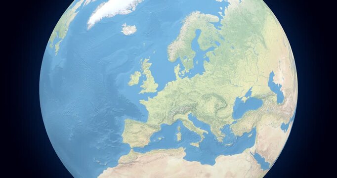 Netherlands on Globe. Zoom into the country with Earth spinning on dark background. Physical world map with Netherlands and label on it. Country view animation.