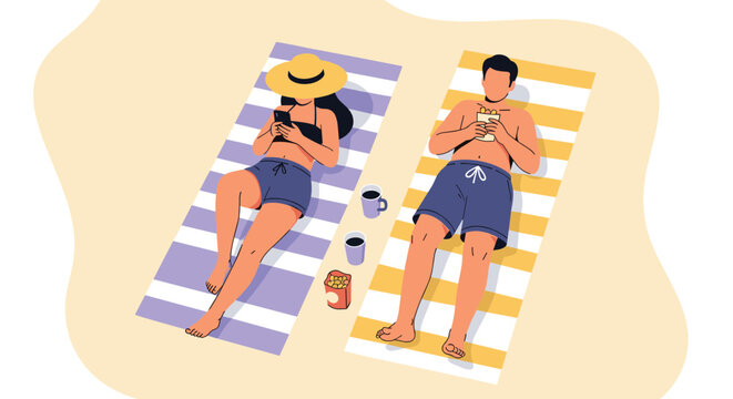 Top view of a man and woman relaxing on striped beach towels while sunbathing and enjoying snacks and fresh coffee.