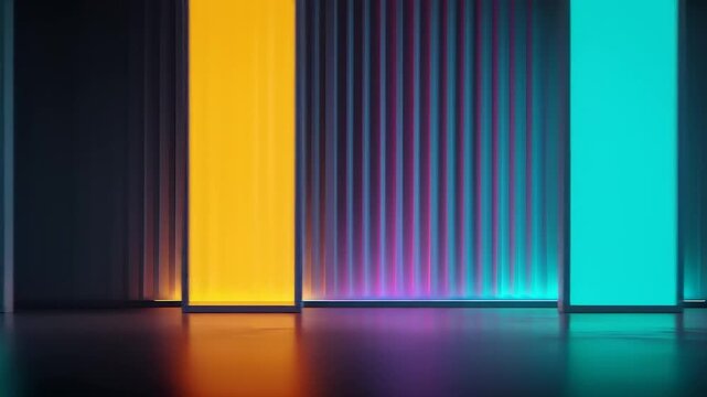 Four vertical panels emit vibrant light, reflected in a glossy floor. Abstract and modern