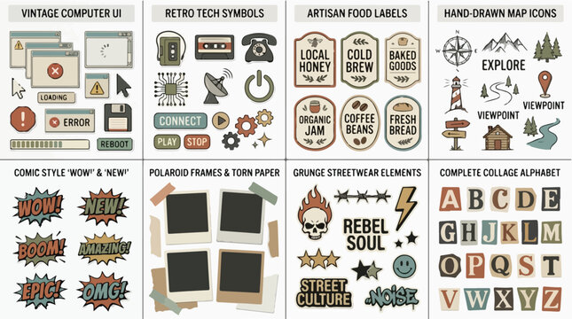 Vintage graphic design bundle, retro computer UI and tech symbols, artisan food labels and collage alphabet vector set
