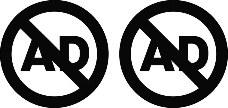 No ads, icon set, ad blocking symbols for online privacy distraction free browsing and digital content experiences